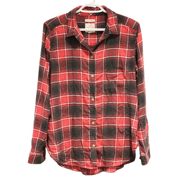 2/$25 🏷 American Eagle Plaid Button Up Shirt Size Large Red & Black Plaid - Picture 1 of 5